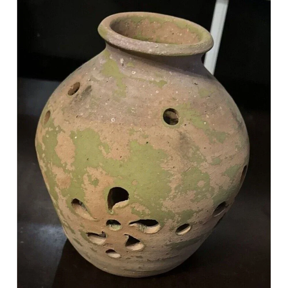 Handmade Rustic clay cut out pottery candle holder votive adobe style decor